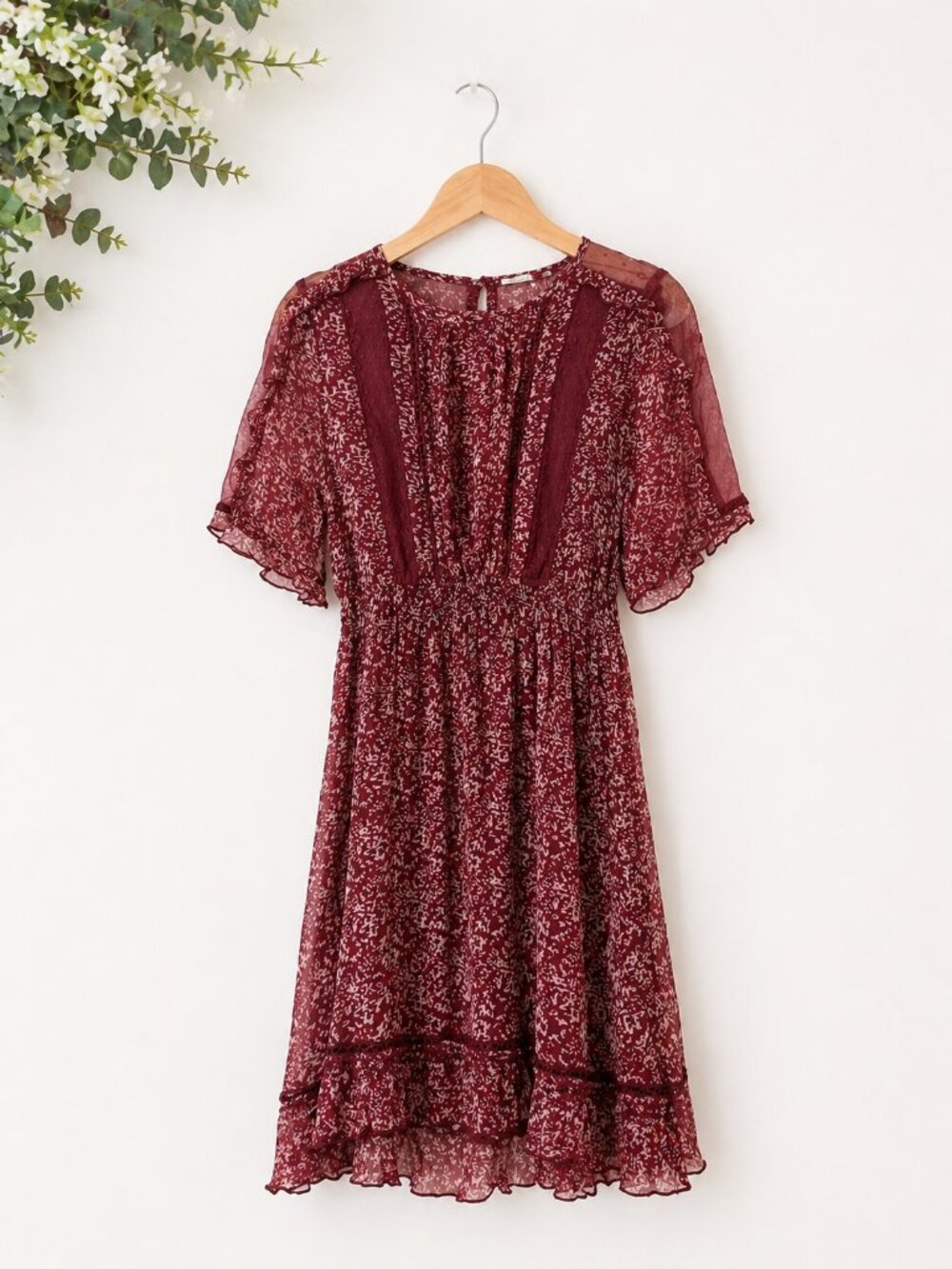 Anthro Burgundy Floral Viscose Midi Dress NWT Size 12 Boho Ruffle Sheer Sleeve